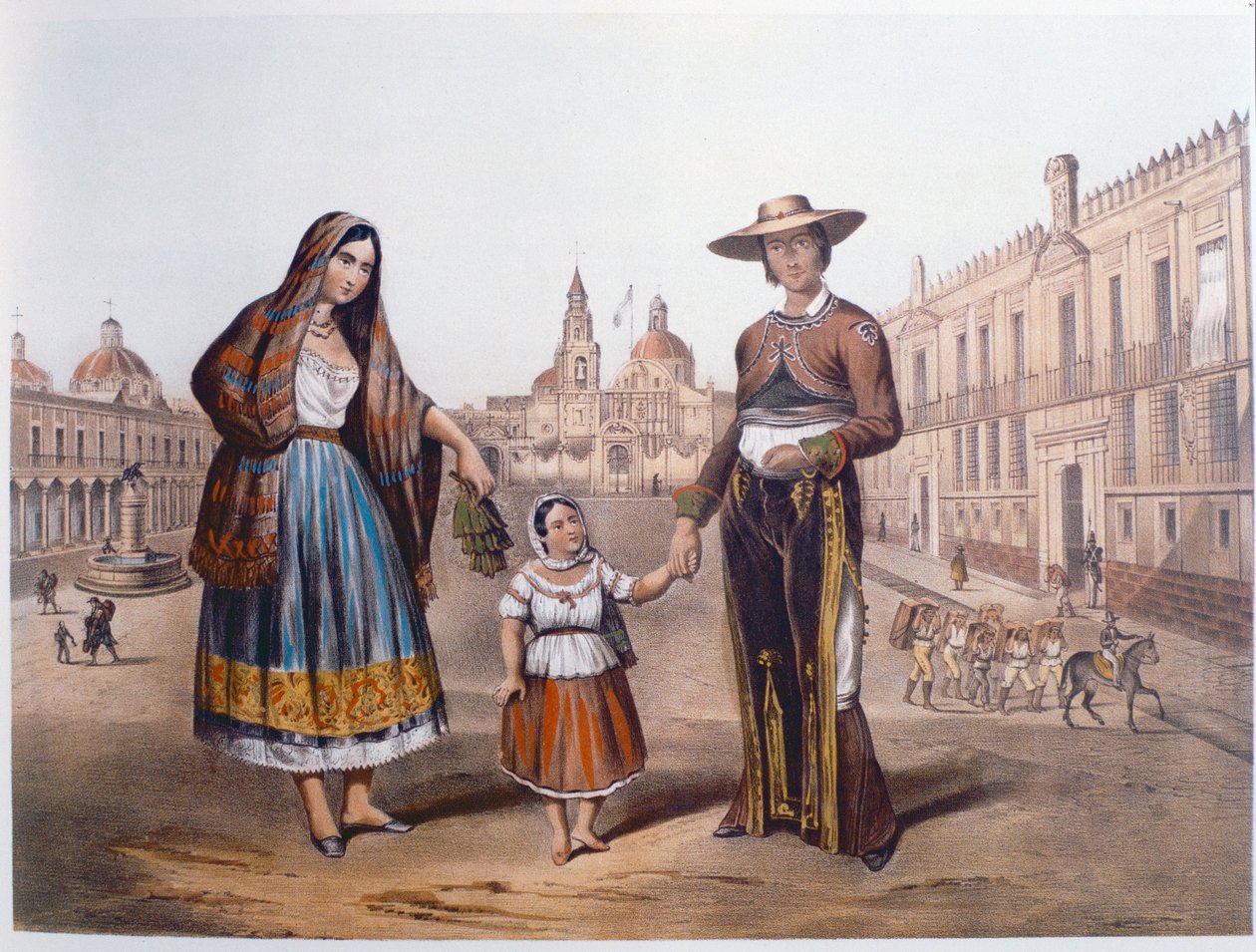 Meksykańska rodzina na Plaza Santo Domingo, Meksyk, ok. 1840 r. autorstwa German School