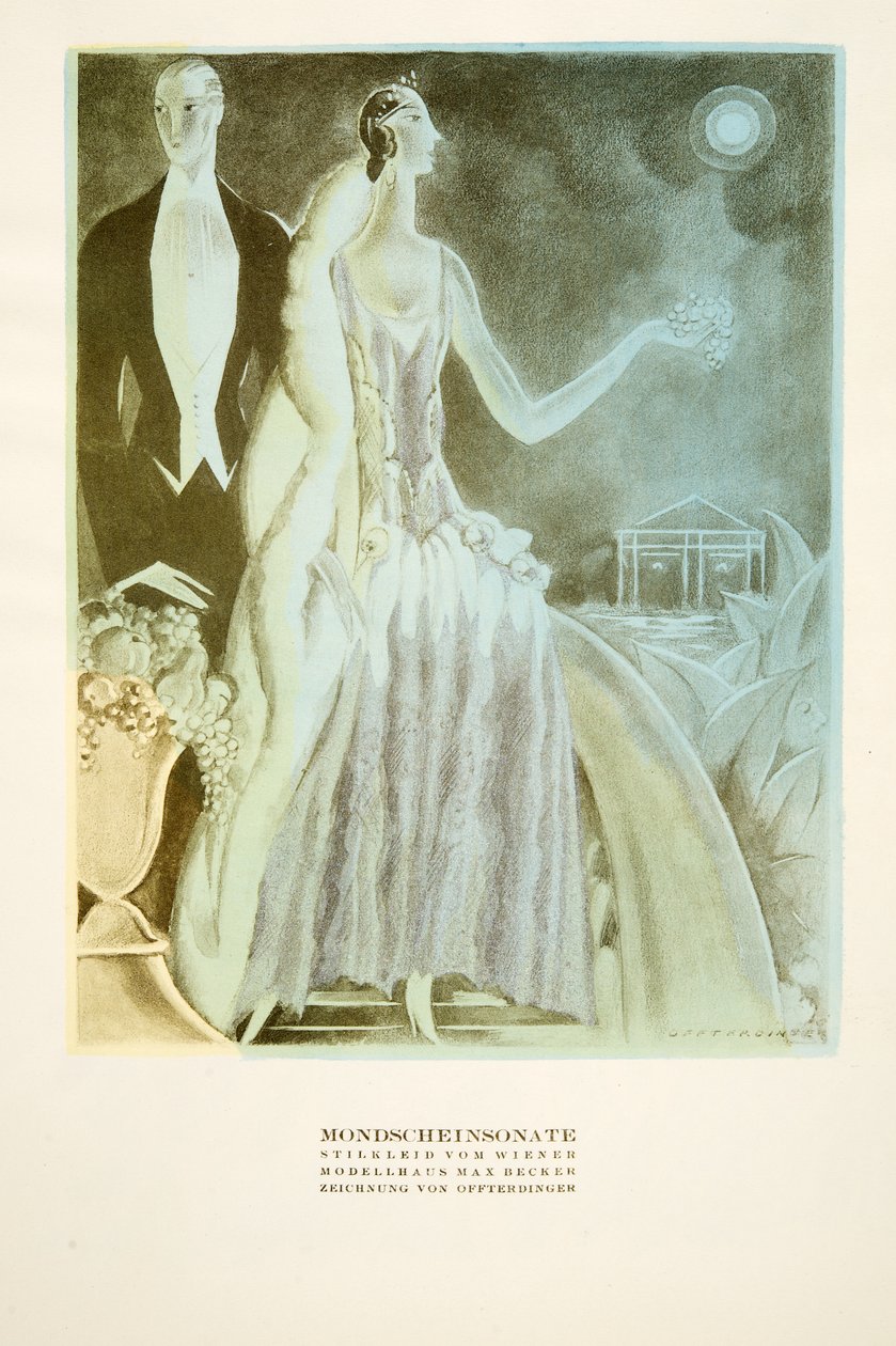 Mondscheinsonate, sukienka stylizowana przez Wienera, od Styl, pub.1922 (druk pochoir) autorstwa German School