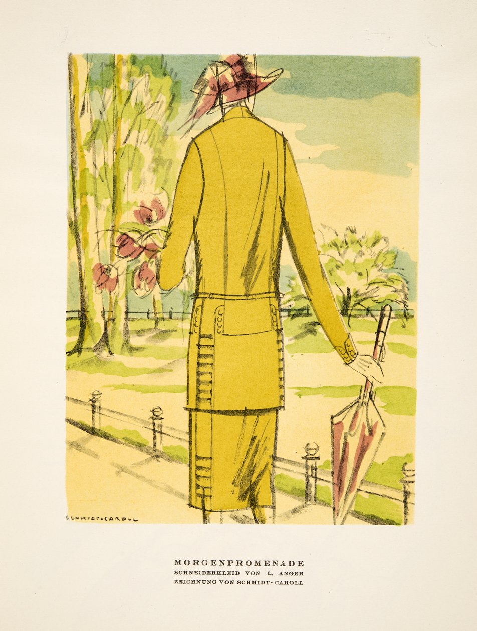"Morgenpromenade", reklama odzieży L. Angera, ze Stylu, wyd. 1922 (druk pochoir) autorstwa German School