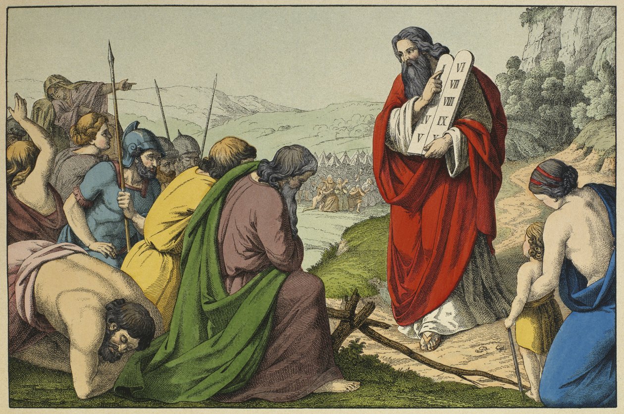 Mojżesz i tablice Prawa, ilustracja z Testamentu Lancien, wyd. Jakob Ferdinand Schreiber, Esslingen (kolorystyka) autorstwa German School