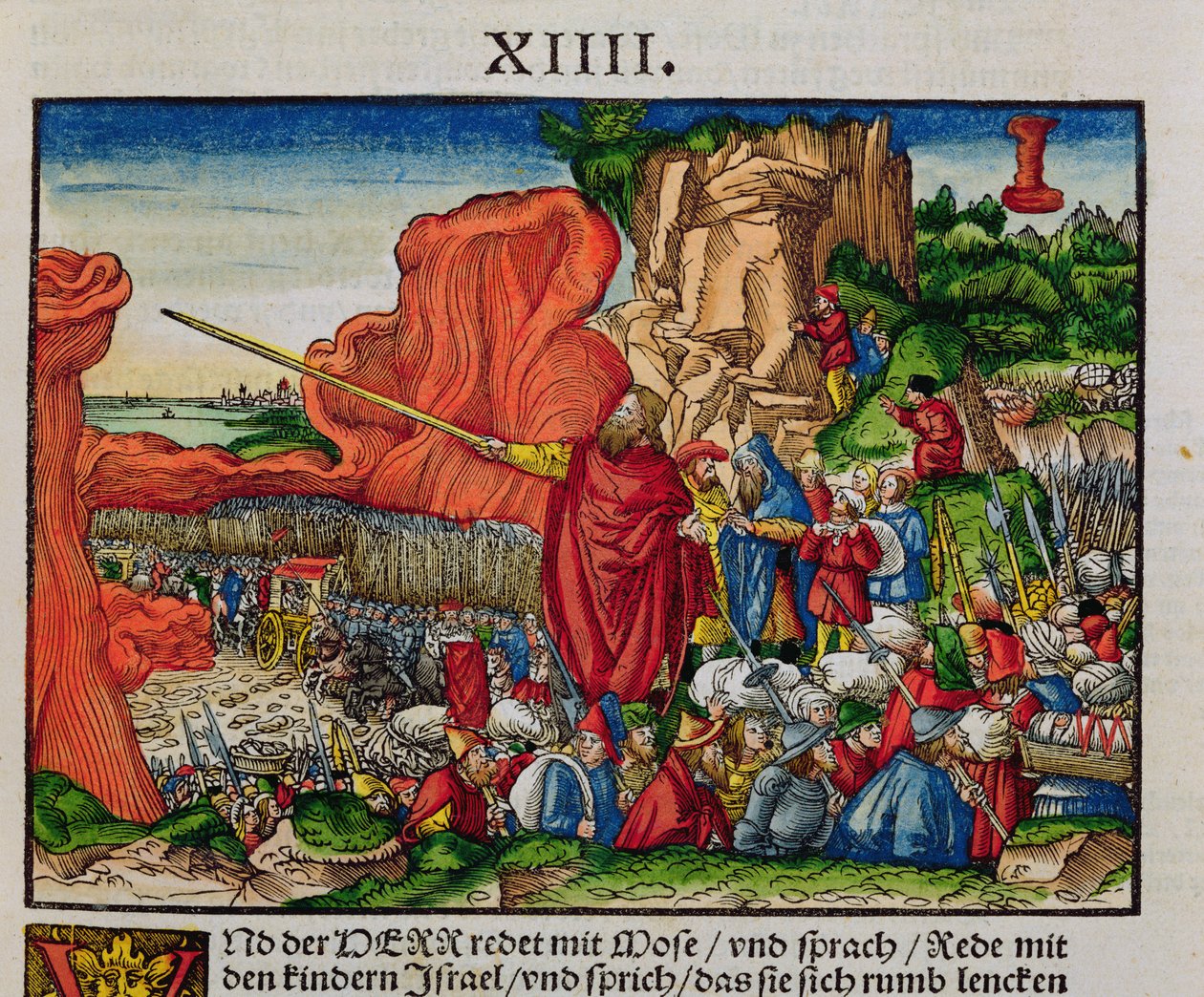 Mojżesz przechodzący przez Morze Czerwone, z Biblii Lutra, ok. 1530 (kolorowy drzeworyt) autorstwa German School