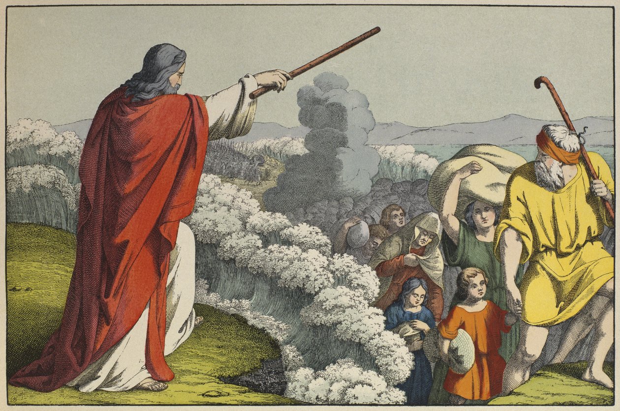 Mojżesz rozdziela wody Morza Czerwonego, ilustracja z Testamentu Lancien, wyd. Jakob Ferdinand Schreiber, Esslingen (kolorystyka) autorstwa German School