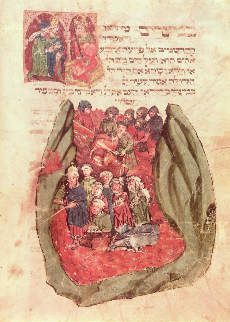Mojżesz prowadzi Dzieci Izraela przez Morze Czerwone z żydowskiego modlitewnika, Hamburg, 1427 (rękopis) autorstwa German School