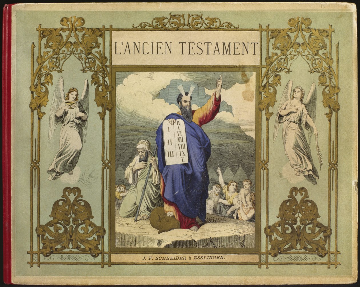 Mojżesz otrzymuje od Boga tablice Prawa na górze Synaj, ilustrację frontyspisową z Testamentu Lancien, wydaną przez Jakoba Ferdinanda Schreibera, Esslingen (kolorowa grawerunek) autorstwa German School