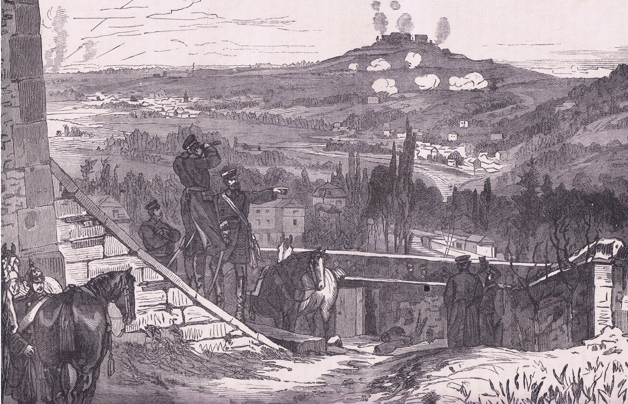 Góra Valerien podczas oblężenia, Cassells History of the War między Francją a Niemcami, wydana przez Cassell and Company Limited, c.1890 (lito) autorstwa German School
