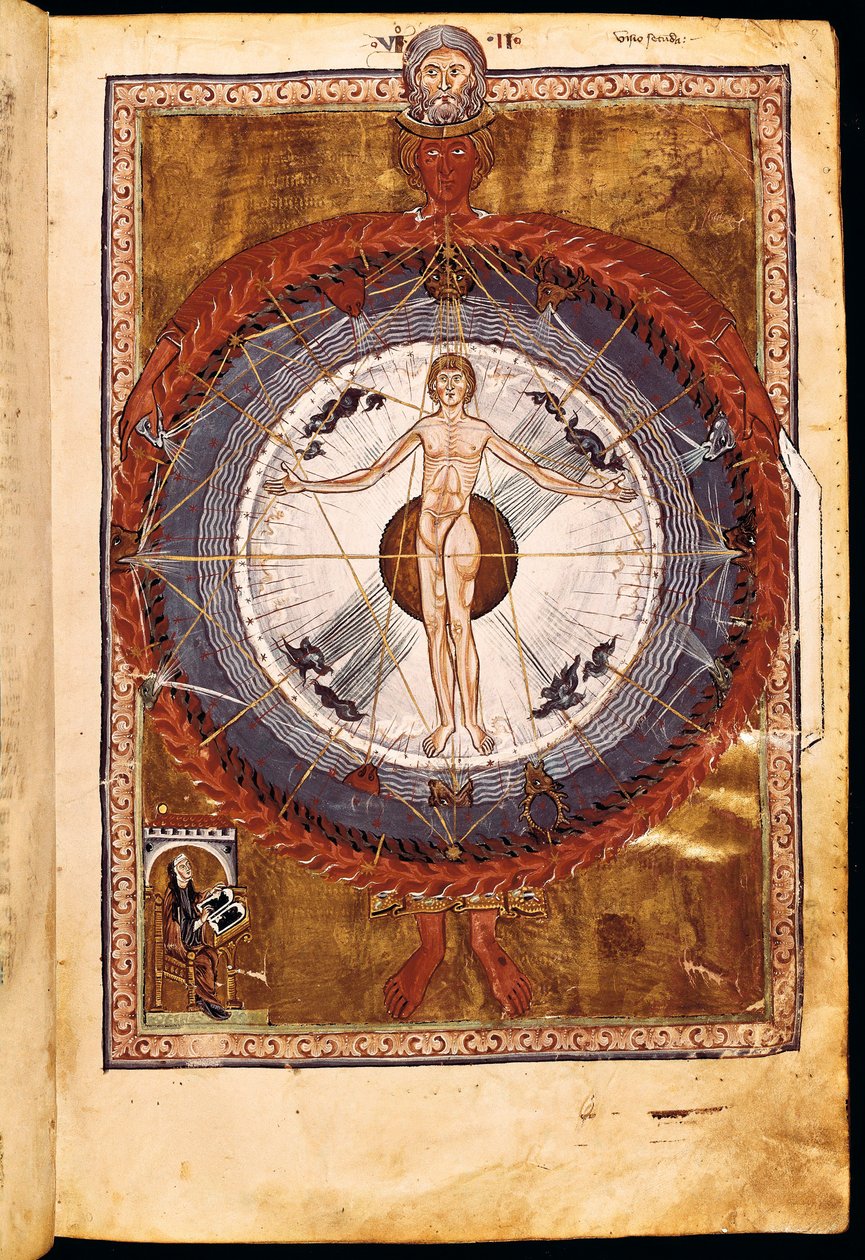 Ms 1942 Sfery kosmiczne i człowiek, wizja Hildegardy z Bingen z „Liber Divinorum Operum”, ok. 1220-30 autorstwa German School