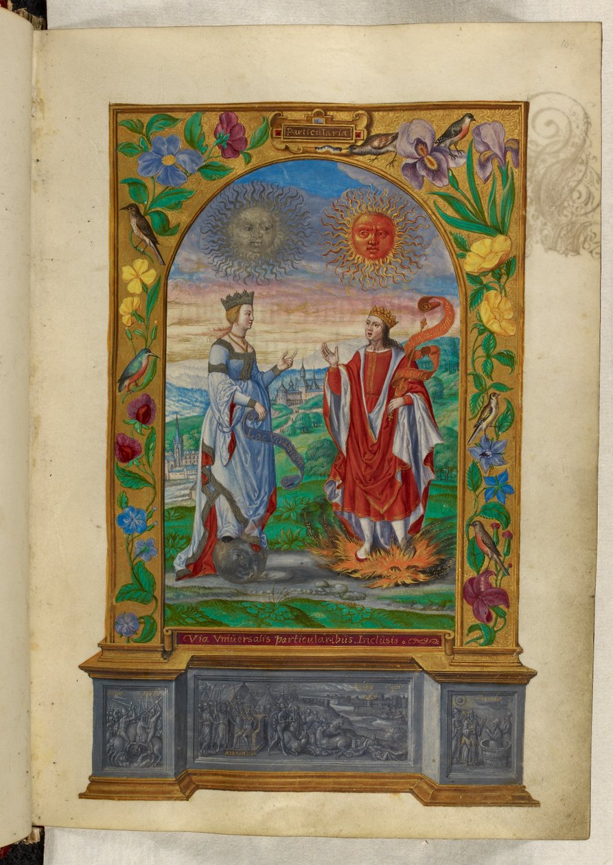 Ms Harley 3469 f.10 Miniatura króla i królowej ze zwojami, z „Splendor Solis” Salomona Trismosina autorstwa German School