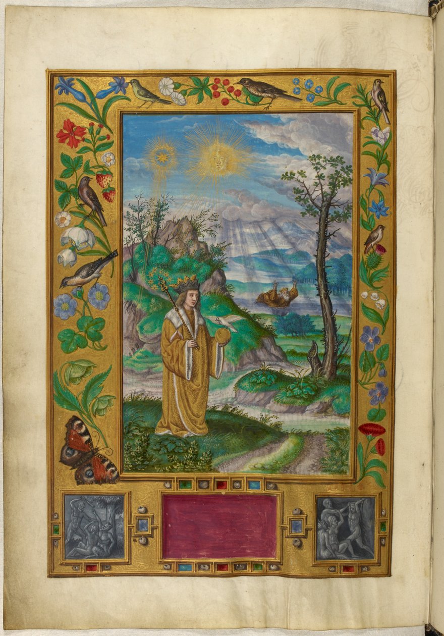 Ms Harley 3469, f.16v Figura w koronie z berłem i piłką, trzecia przypowieść, z „Splendor Solis” Salomona Trismosina autorstwa German School