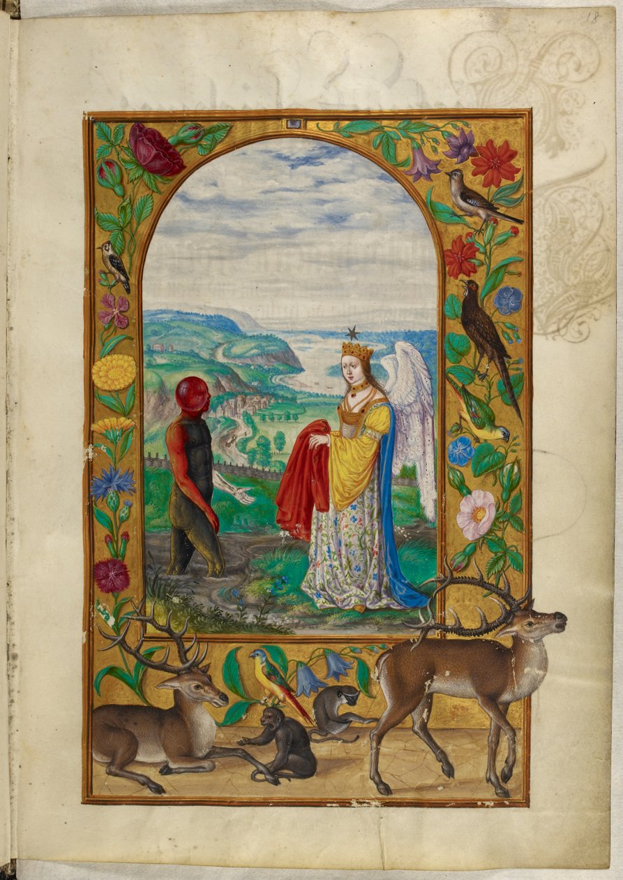 Pani Harley 3469, f.18 Queen oferuje szatę mężczyźnie w basenie, czwarta przypowieść z „Splendor Solis” Salomona Trismosina autorstwa German School
