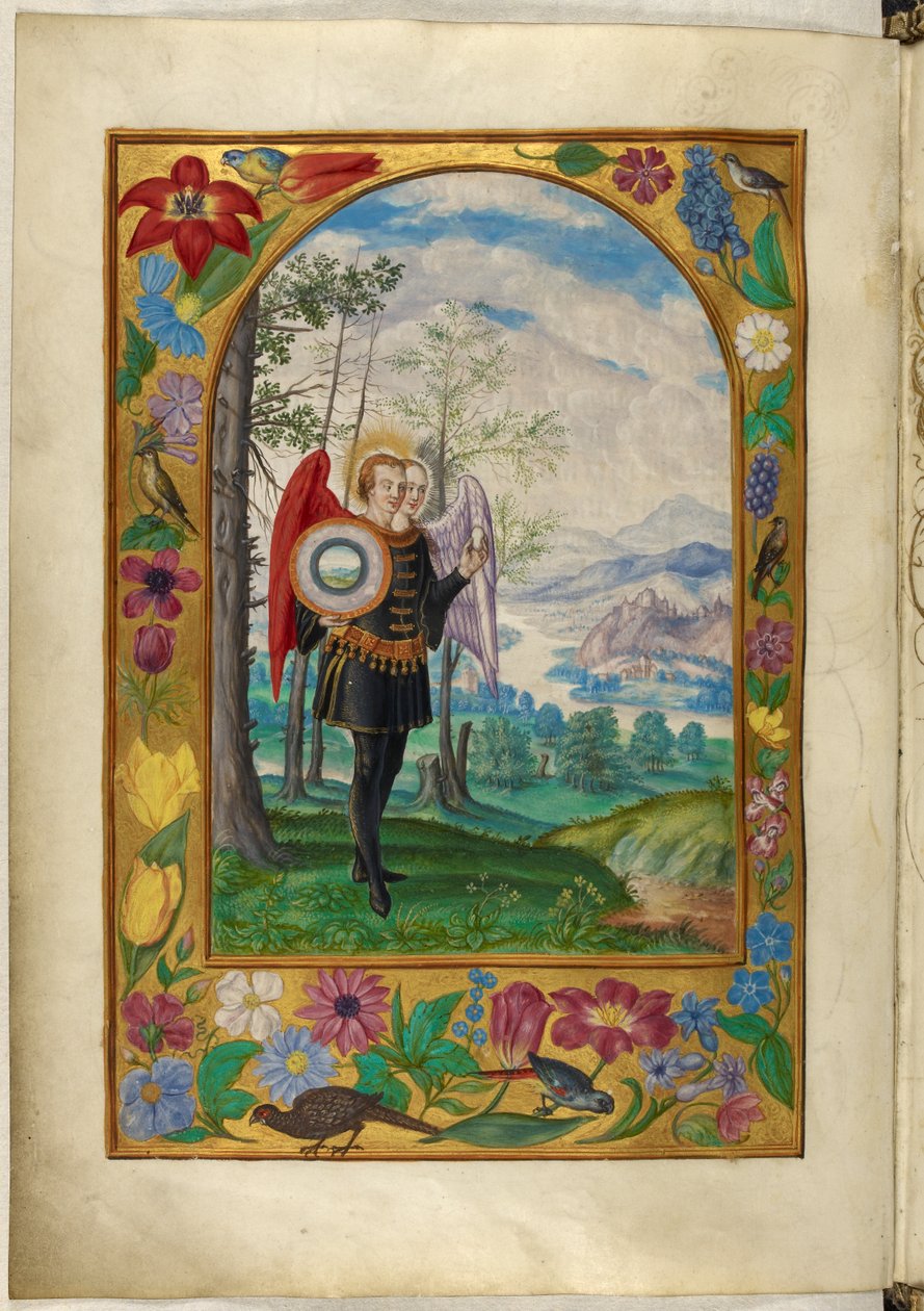 Ms Harley 3469, f.19v Dwugłowa skrzydlata postać, piąta przypowieść, z „Splendor Solis” Salomona Trismosina autorstwa German School