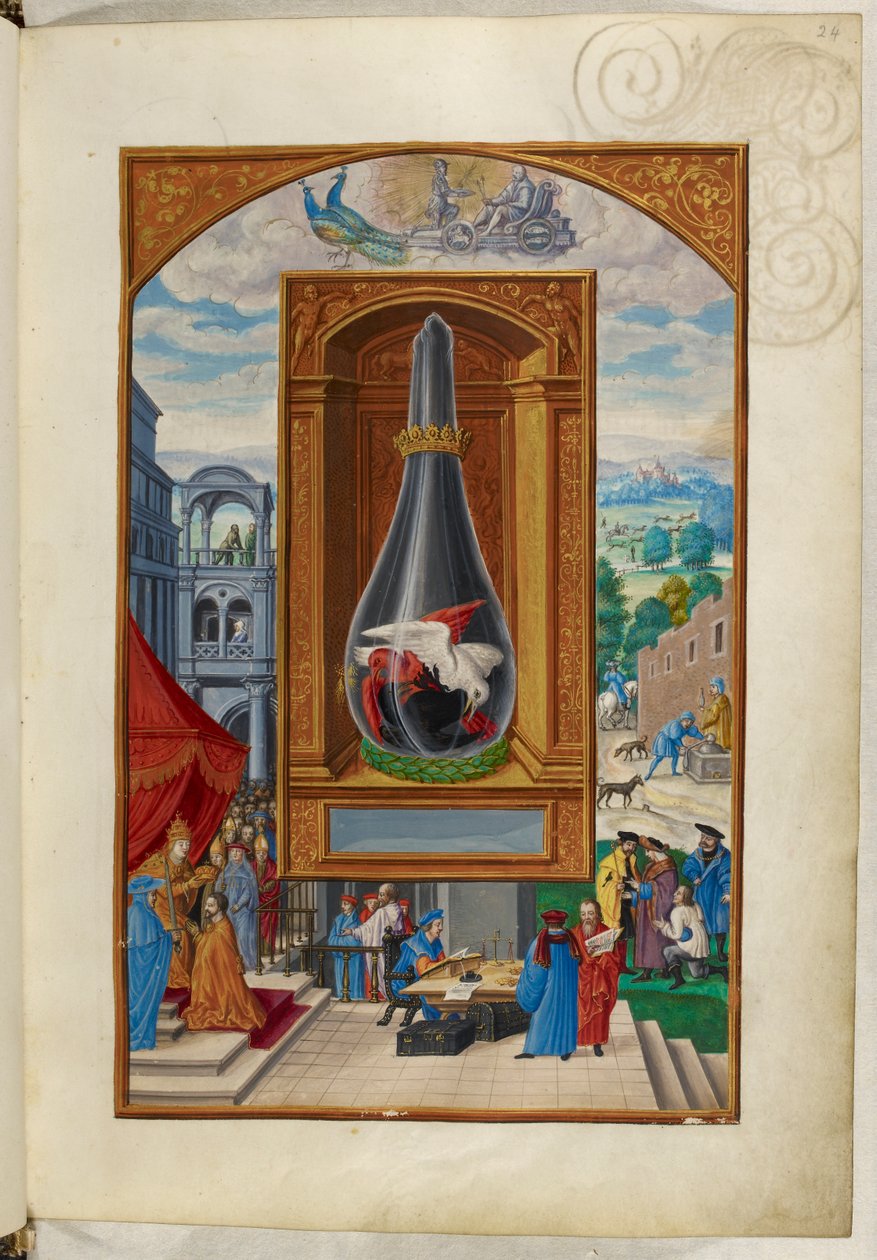 Ms Harley 3469, f.24 Trzy ptaki walczące w kolbie, Czwarty Traktat, ze „Splendor Solis” Salomona Trismosina autorstwa German School