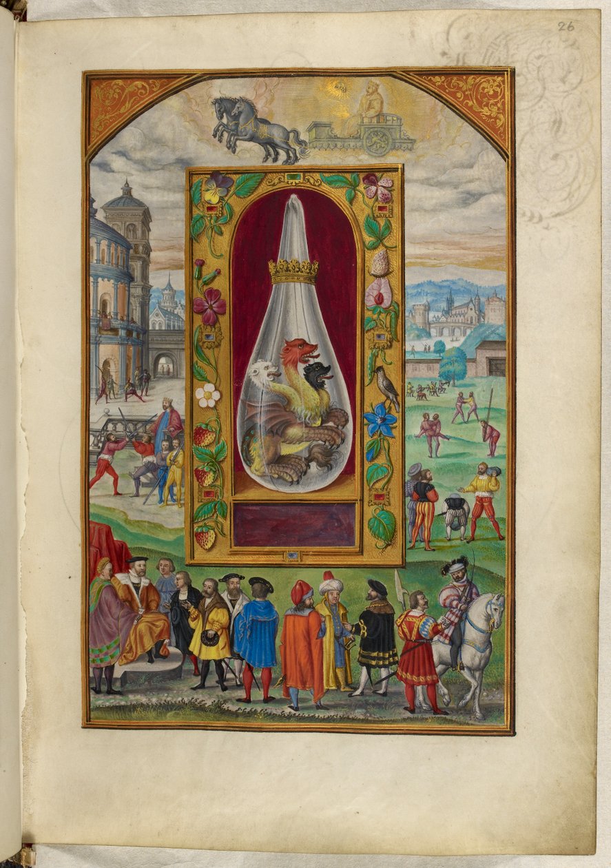 Ms Harley 3469, f.26 Trójgłowy smok w kolbie, Czwarty Traktat, z „Splendor Solis” Salomona Trismosina autorstwa German School