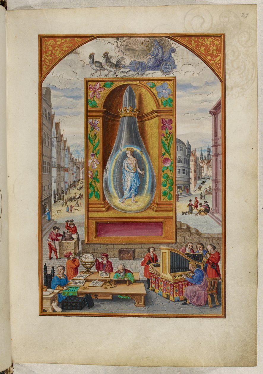 Ms Harley 3469, f.27 Królowa w flakonie, Czwarty Traktat, z „Splendor Solis” Salomona Trismosina autorstwa German School