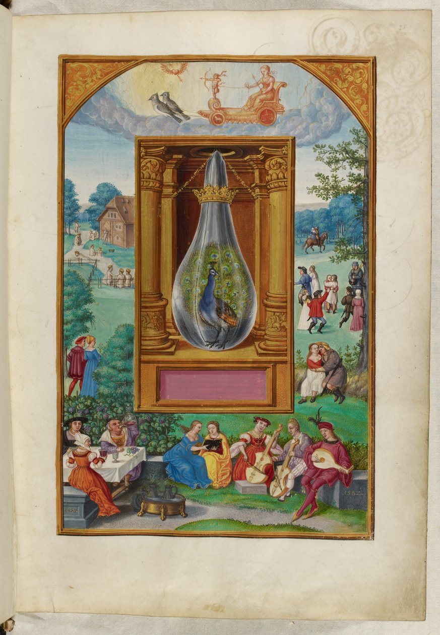 Ms Harley 3469, f.28 Pawi ogon, czwarty traktat, z „Splendor Solis” Salomona Trismosina autorstwa German School