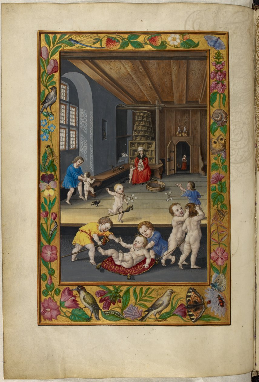 Pani Harley 3469, f.31v Dzieci bawiące się w pokoju, piąty traktat, z „Splendor Solis” Salomona Trismosina autorstwa German School