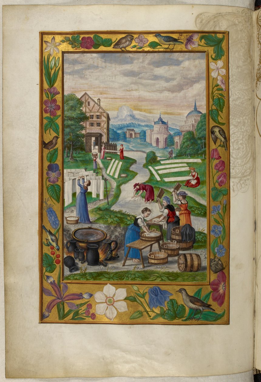 Pani Harley 3469, f.32v Kobiety zajmujące się praniem, piąty traktat, ze „Splendor Solis” Salomona Trismosina autorstwa German School