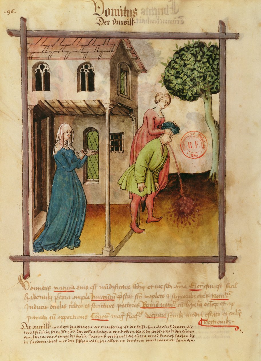 Pani Lat 9333 fol.96v Wymiotujący mężczyzna, z Tacuinum Sanitatis autorstwa German School