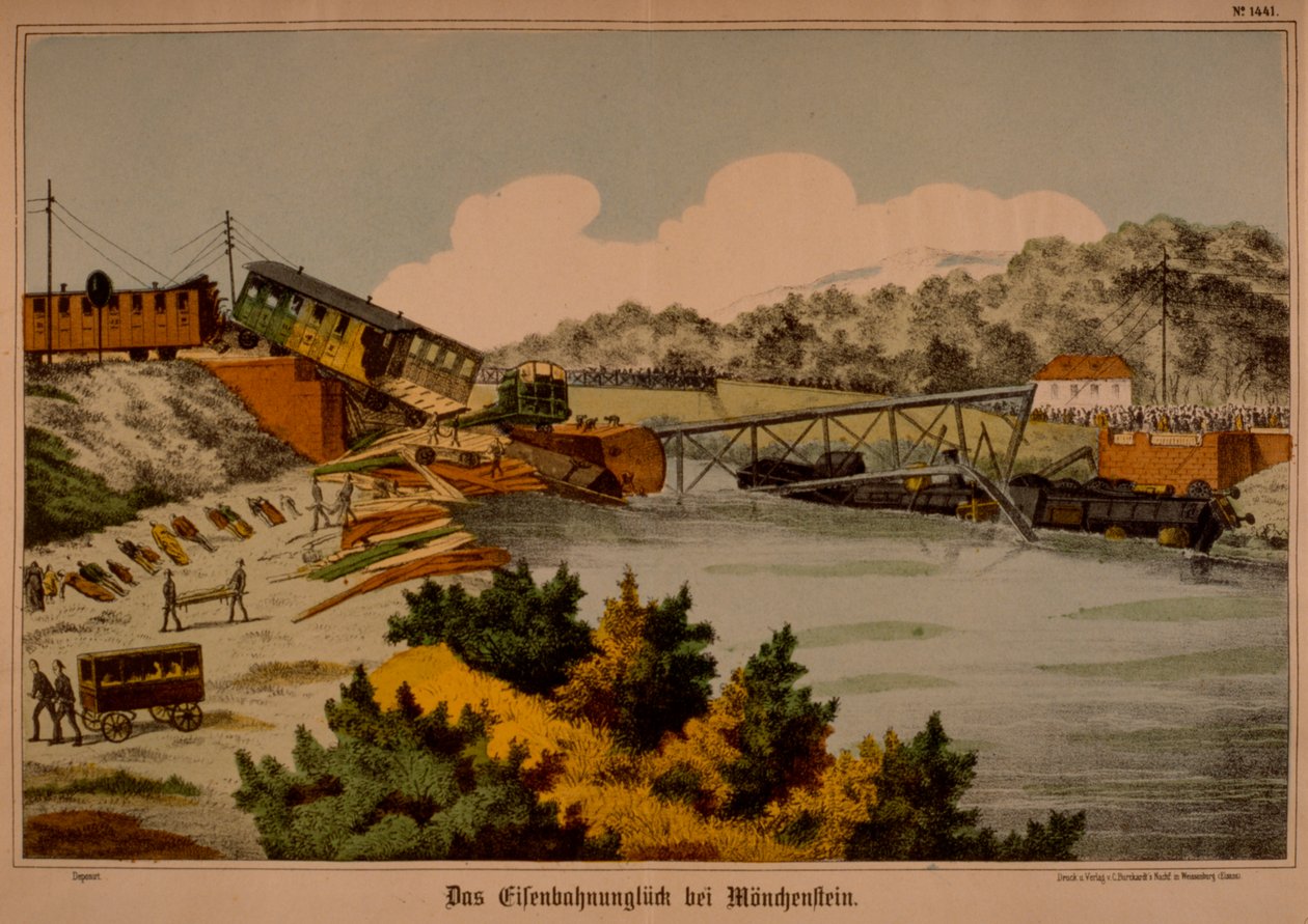 Katastrofa kolejowa Munchenstein w dniu 14 czerwca 1891, opublikowana przez C. Burckhardts Nachf., Wissembourg, 1891 autorstwa German School