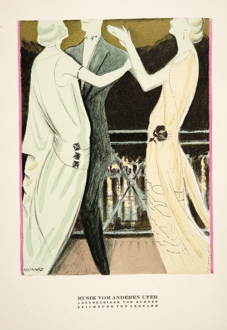 "Musik vom Anderen Ufer", reklama sukien wieczorowych marki Kuhnen, wyd. Styl, 1922 (druk pochoir) autorstwa German School