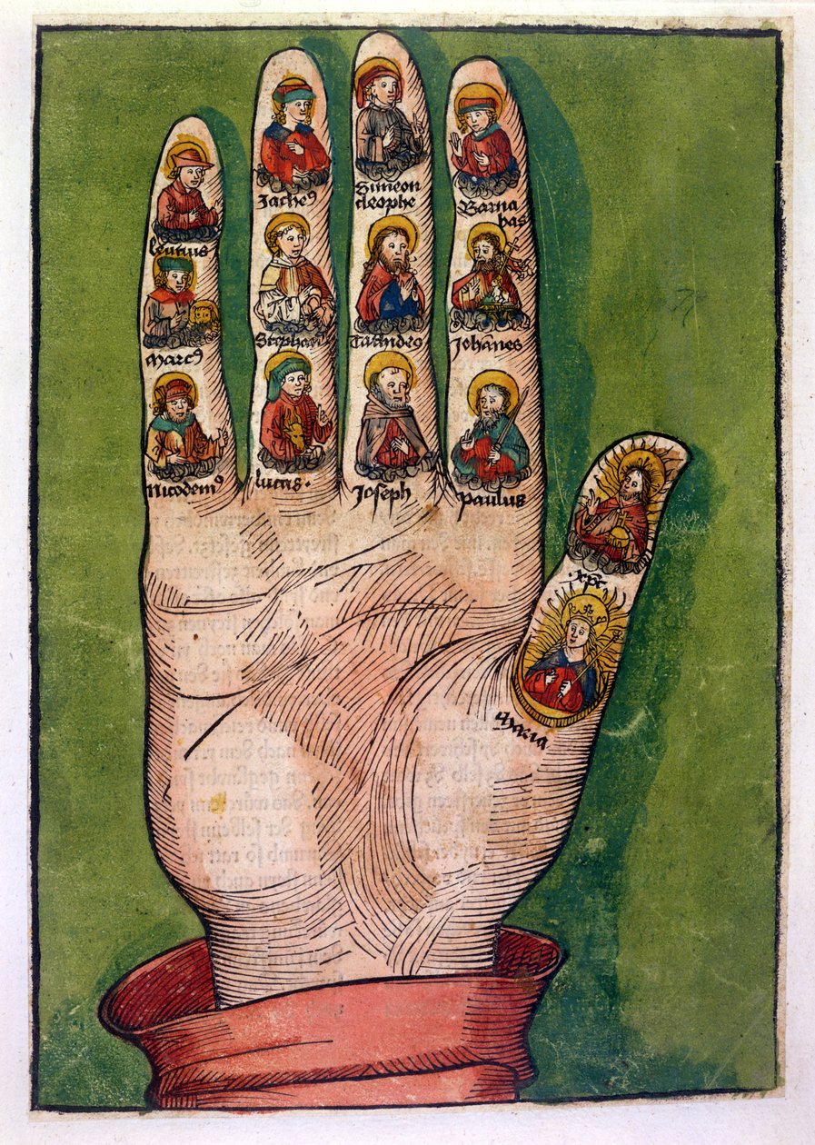 Mistyczna ręka Brygidy Szwedzkiej przedstawiająca Chrystusa, Matkę Boską, apostołów i innych, 1491 (rycina ręcznie kolorowana) autorstwa German School