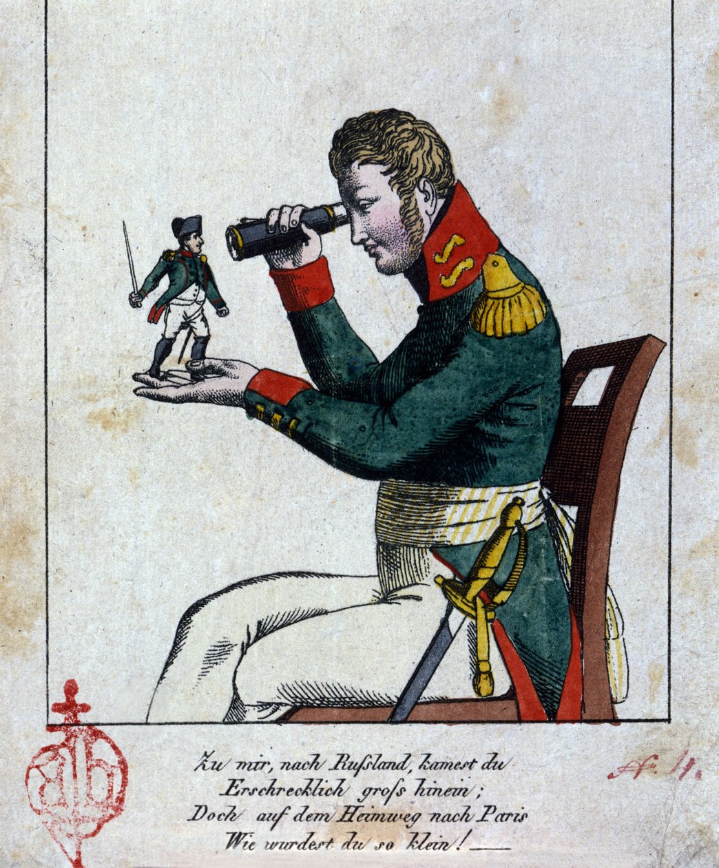 Napoleon I: kampania rosyjska W domu, w Rosji, przyjechałeś strasznie duży, ale w drodze powrotnej do Paryża, jak byłeś (stałeś) mały! (poza tym to się rymuje!!!) Pocałuj. Niemiecka karykatura XIX wieku autorstwa German School