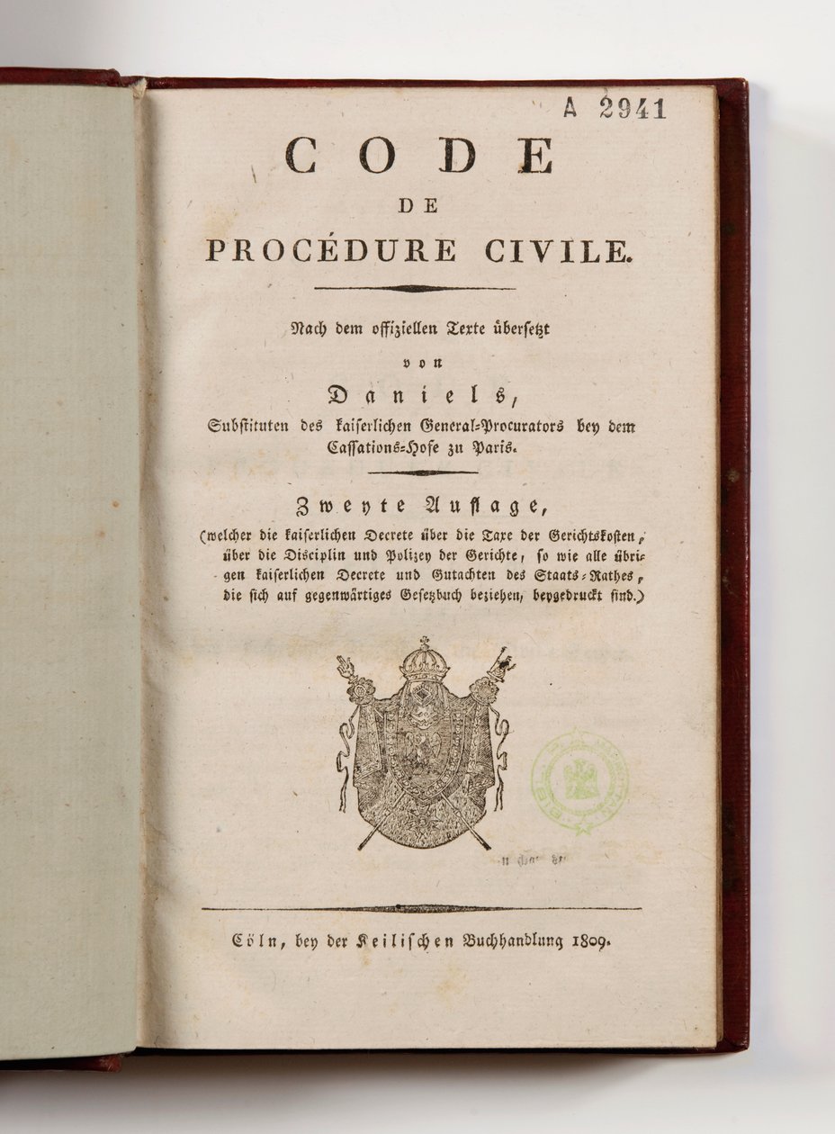 Napoleoński kodeks postępowania cywilnego dla francuskich departamentów lewobrzeżnego Renu, otwarty na stronie tytułowej, Koln, 1809 (papier drukowany) autorstwa German School