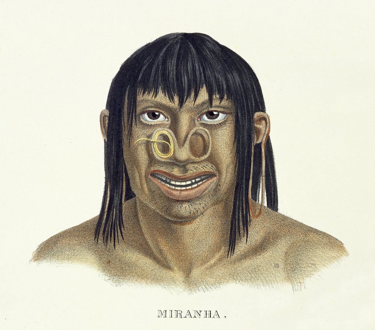 Rodowity człowiek z plemienia Miranha, z dekoracją na nosie, z Atlasu podróży po Brazylii Johanna Baptist von Spix (1781-1826) i Karla Friedricha Philippa Martiusa (1794-1868), wydanego ok. 1835-50 (kol. autorstwa German School