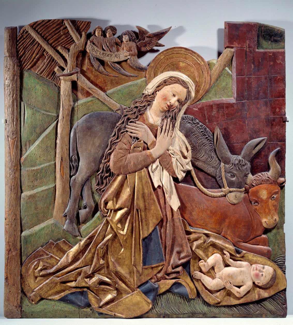 Płaskorzeźba szopka po wewnętrznej stronie ołtarza z polichromowanego drewna szkoły niemieckiej. 1510 wym. 1,12x1,11 m Paryż, Musee du Louvre autorstwa German School