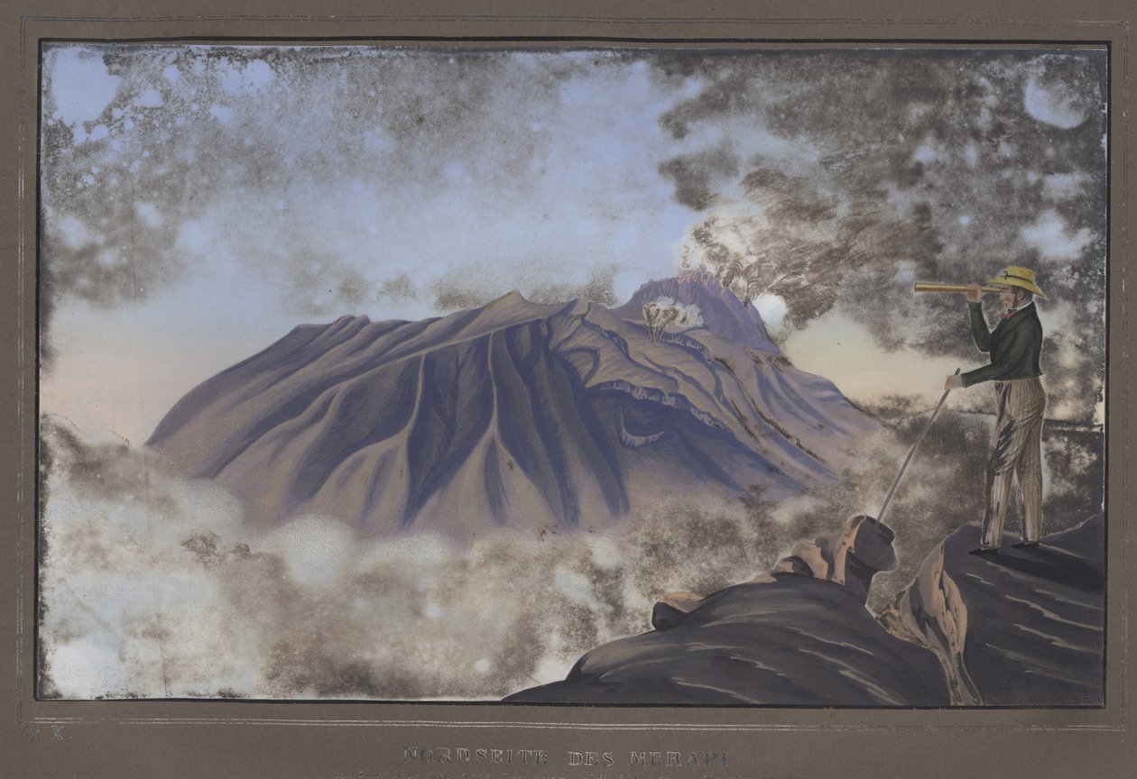 Północna strona Merapi widziana z południowego zbocza Merbabu, pl.X, z topograficznego i naukowego atlasu podróży przez Jawę, autorstwa dr. Ojciec Junghuhn, Magdeburg, 1845 (kolor lit autorstwa German School