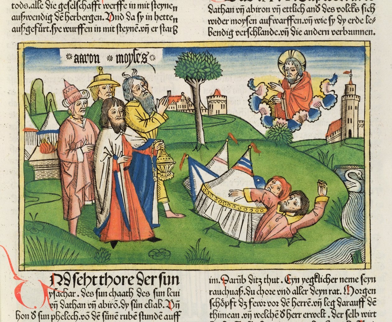 Liczb 16 32 Ziemia połyka buntowników Datan i Abiram, z Biblii Norymberskiej (Biblia Sacra Germanaica) (kolorowy drzeworyt) autorstwa German School
