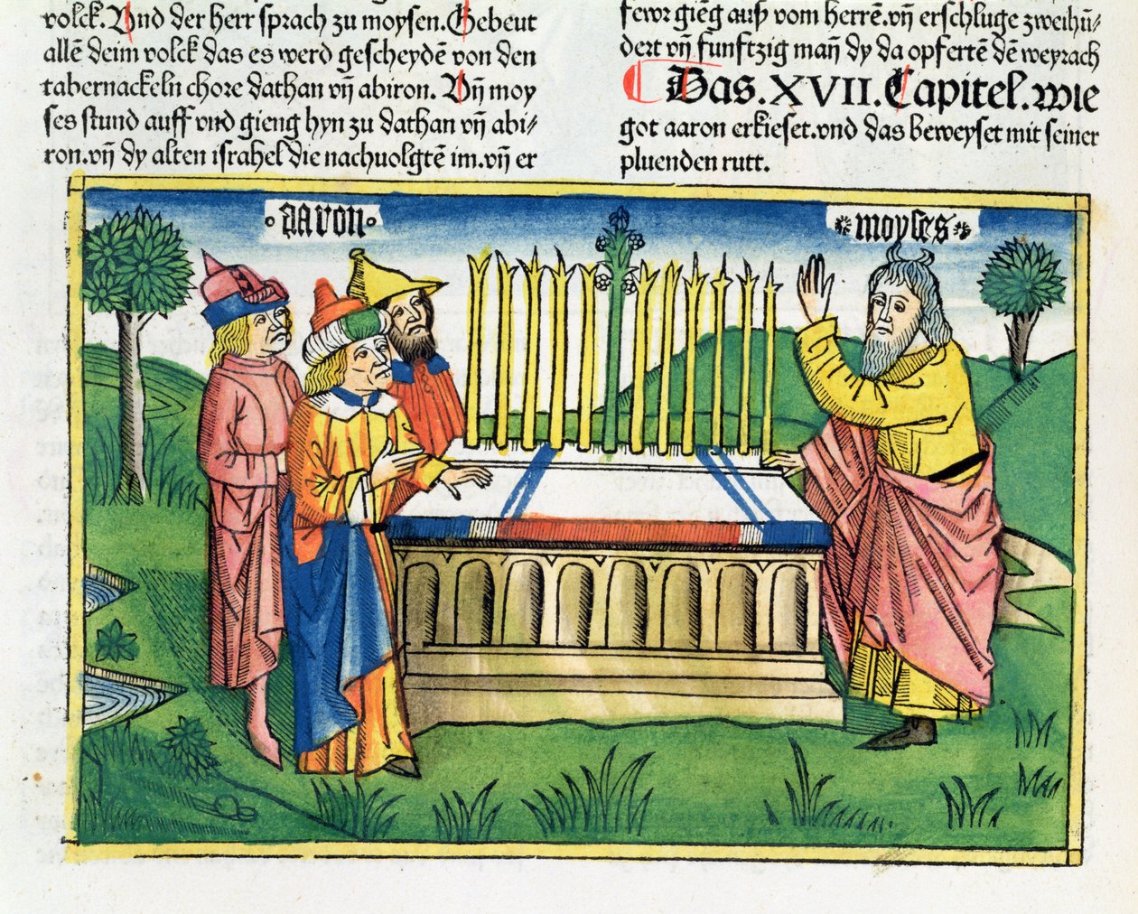 Lb 17 1-11 Na ołtarzu kwitnie laska Aarona, z Biblii Norymberskiej (Biblia Sacra Germanaica) (kolorowy drzeworyt) autorstwa German School