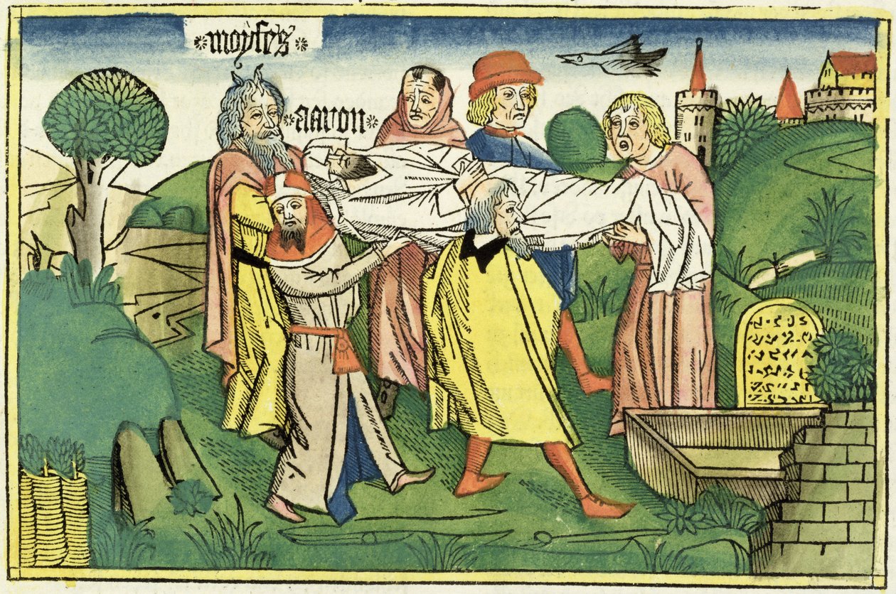 Liczb 20 22-29 Śmierć Aarona, z Biblii Norymberskiej (Biblia Sacra Germanaica) (kolorowy drzeworyt) autorstwa German School