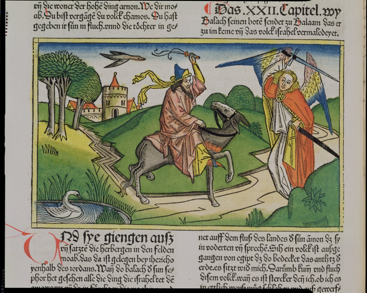 Liczb 22 20-35 Balaamowie gadający osły, z Biblii Norymberskiej (Biblia Sacra Germanaica) (kolorowy drzeworyt) autorstwa German School