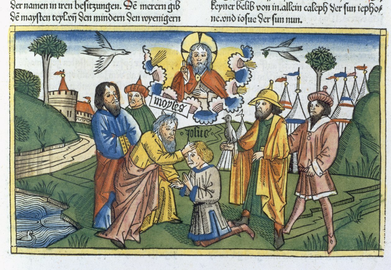 Liczb 27 18-23 Mojżesz kładzie rękę na Jozuego, z Biblii Norymberskiej (Biblia Sacra Germanaica) (kolorowy drzeworyt) autorstwa German School