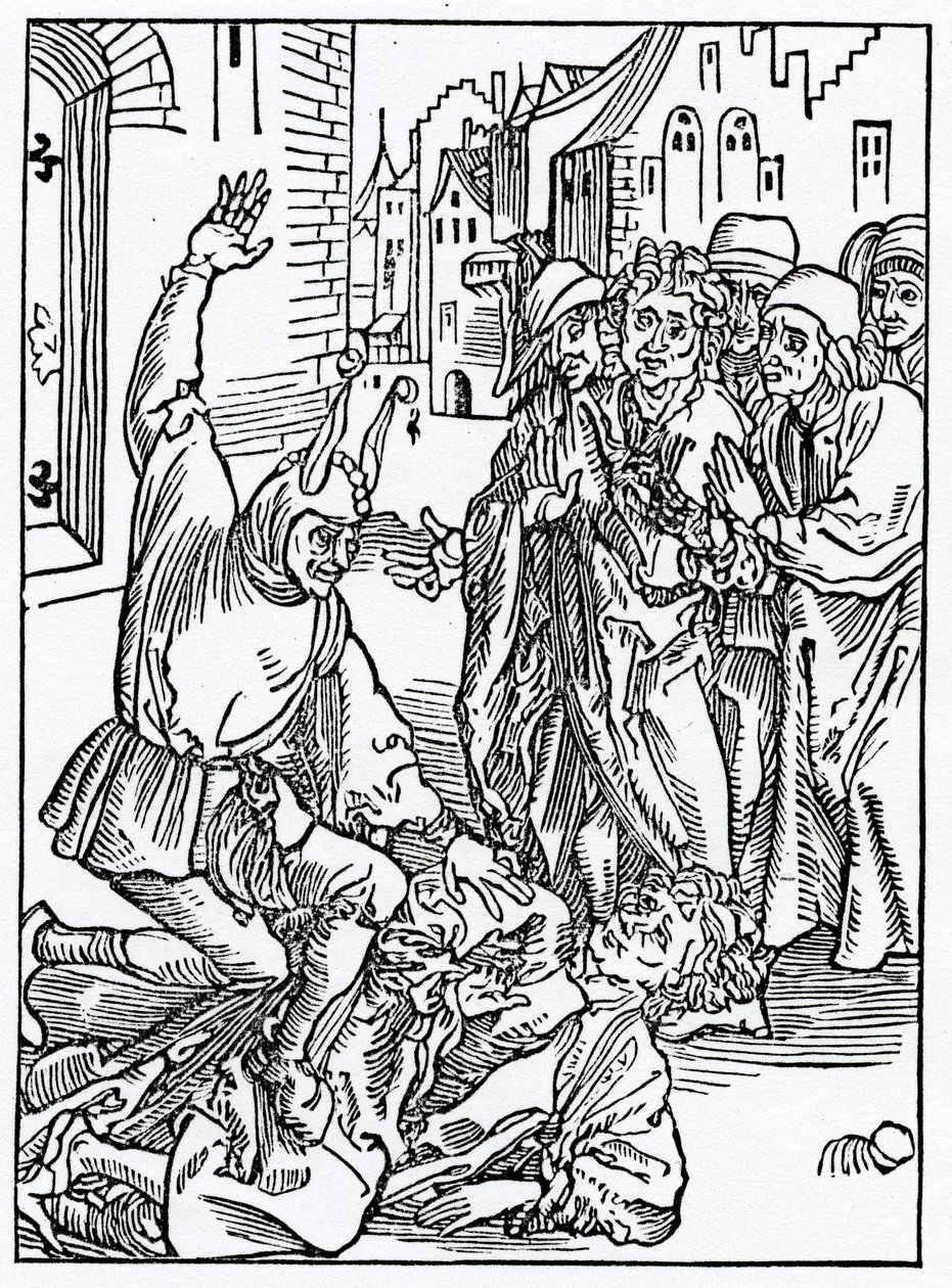 O brekynge i hurtynge of amyte i frendshyp, ilustracja z angielskiego przekładu „Statek głupców” Aleksandra Barclay