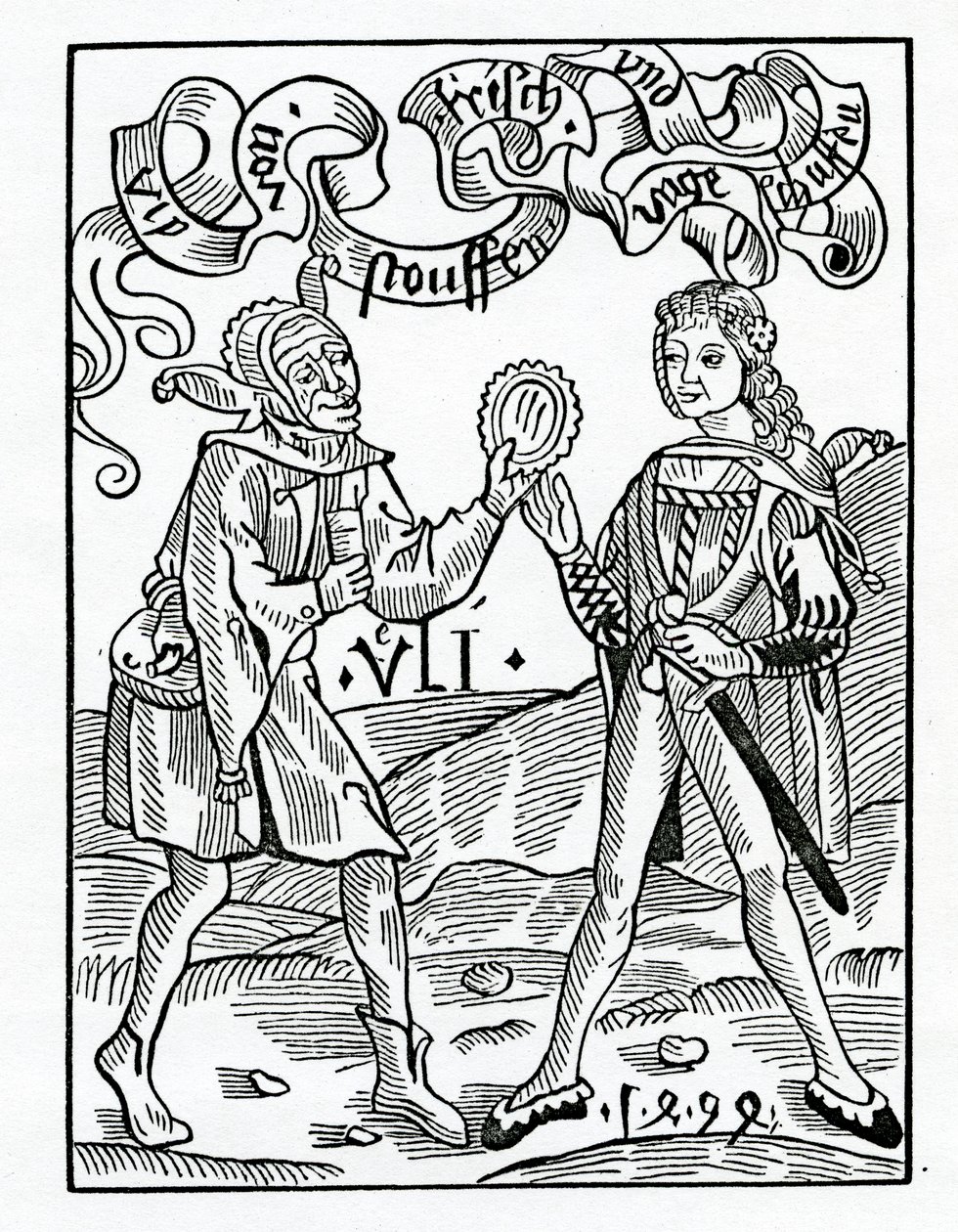 O nowych modach i przebranych ubraniach, ilustracja z angielskiego przekładu „Statek głupców” Alexandra Barclay