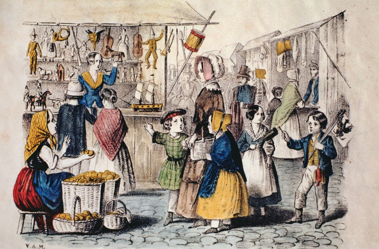 Jarmark na świeżym powietrzu w Niemczech, ok. 1860 (kolor grawerowany) autorstwa German School