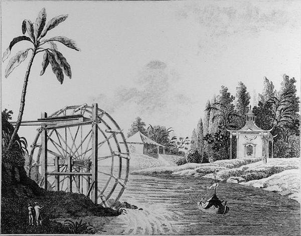 Ozdobne koło wodne z pawilonem chińskim i żaglówką, z „Recent New Ideas for the Garden”, wydanie 1779 (rycina) (zdjęcie czarno-białe) autorstwa German School