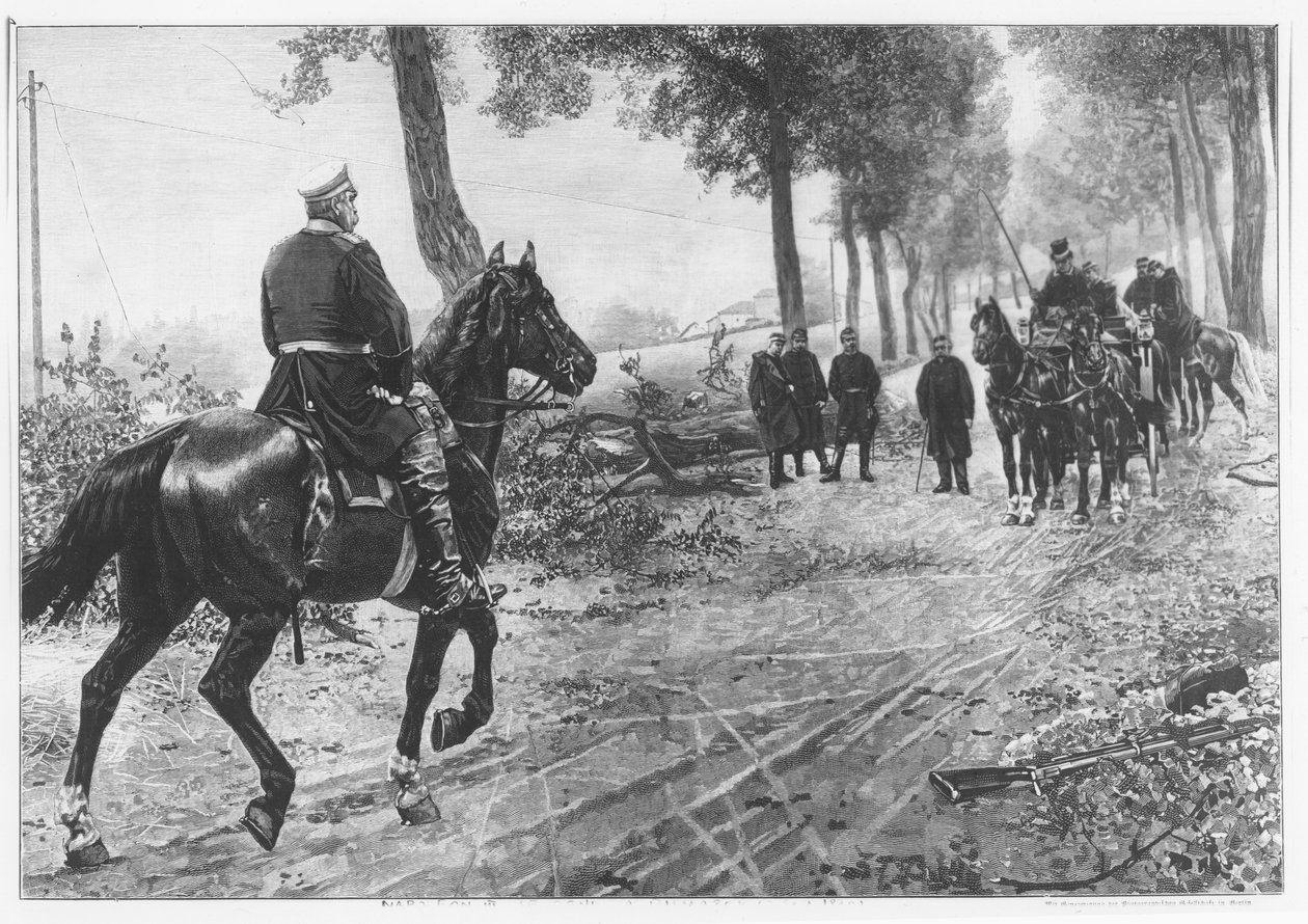 Otto von Bismarck i Napoleon III spotkanie w Chaussee von Donchery 2 września 1870 r. (rycina) autorstwa German School