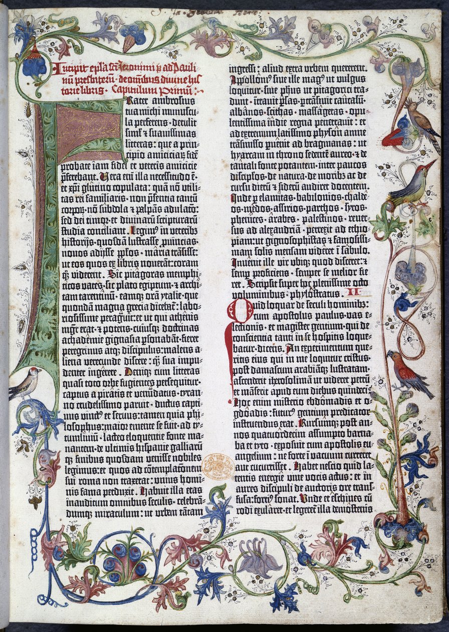 Strona z Biblii Gutenberga, z iluminacją Erfurtu autorstwa German School