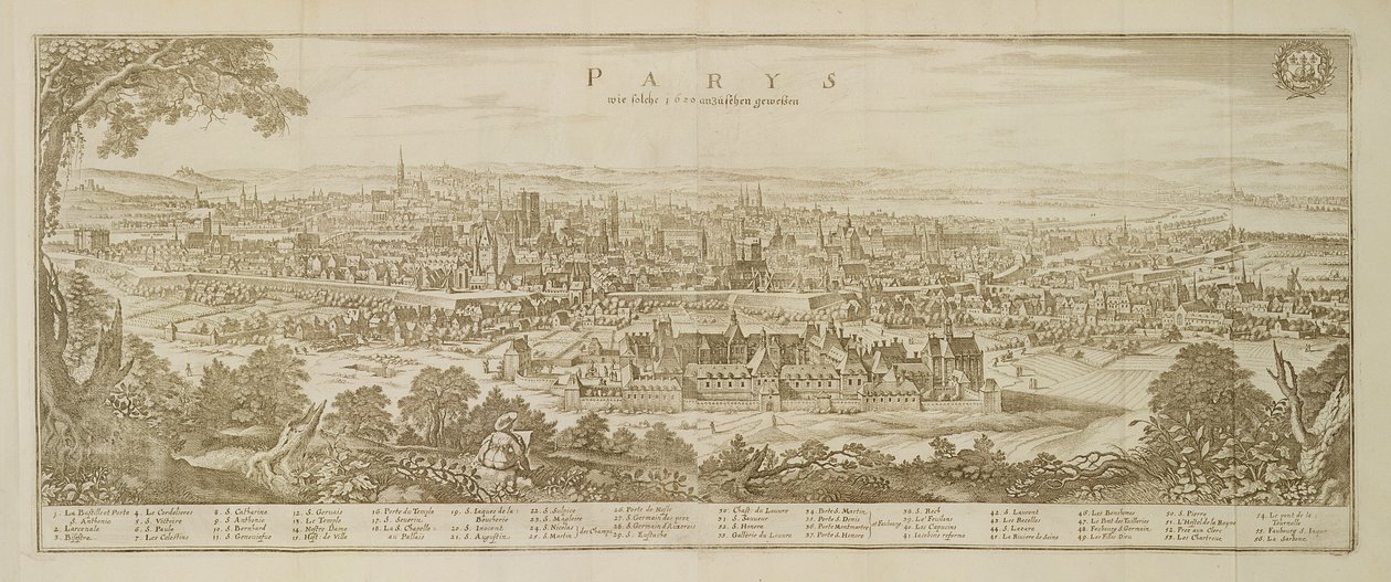 Panorama Paryża w 1620 roku z Topographia Galliae Martina Zeillera (1589-1661) opublikowana w 1655 autorstwa German School