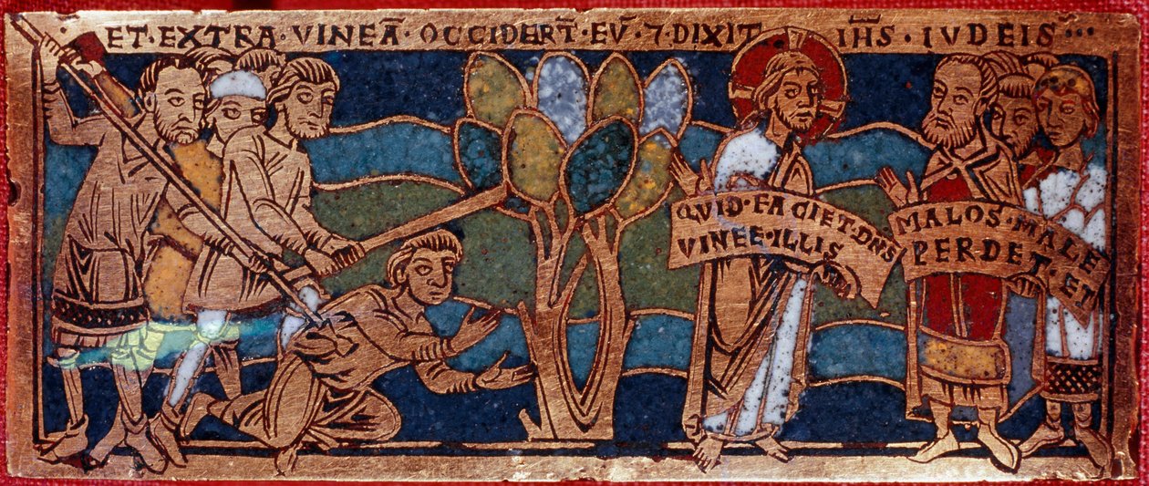 Przypowieść o pracownikach winorośli lub przypowieść o pracownikach godziny jedenastej. Tabliczka emaliowana na miedzi. Szkoła Rhenane. XII wiek. Florencja, Nazionale Museo del Bargello autorstwa German School