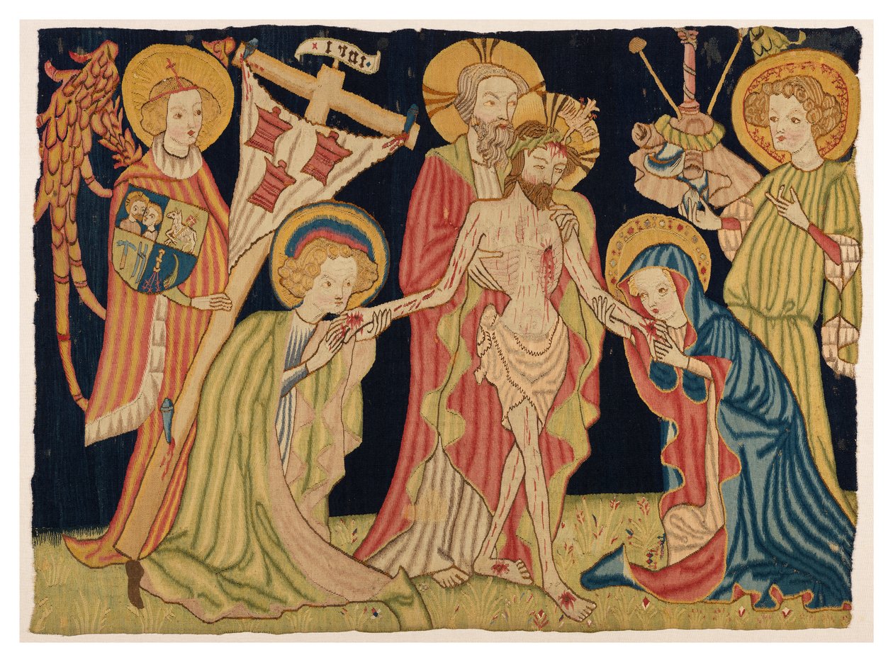 Część gobelinu czołowego ołtarza przedstawiającego Trójcę Świętą, Dziewicę, św. Jana i dwóch Aniołów, z Norymbergi, ok. 1420 r. (wełna i len) autorstwa German School