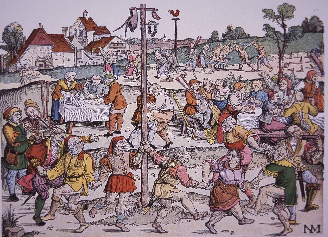 Chłopi tańczą (ręcznie barwiony grawerunek) autorstwa German School