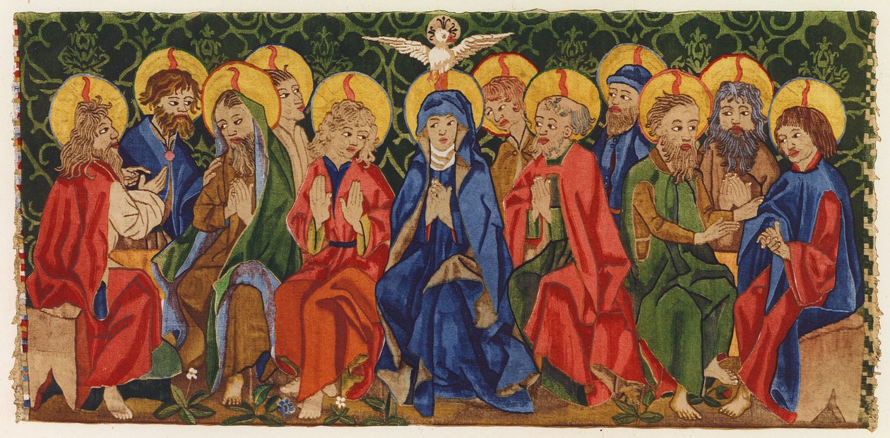Zesłanie Ducha Świętego, gobelinowy front ołtarza, Aargau, Szwajcaria, koniec XV w. (kolorowa litografia) autorstwa German School