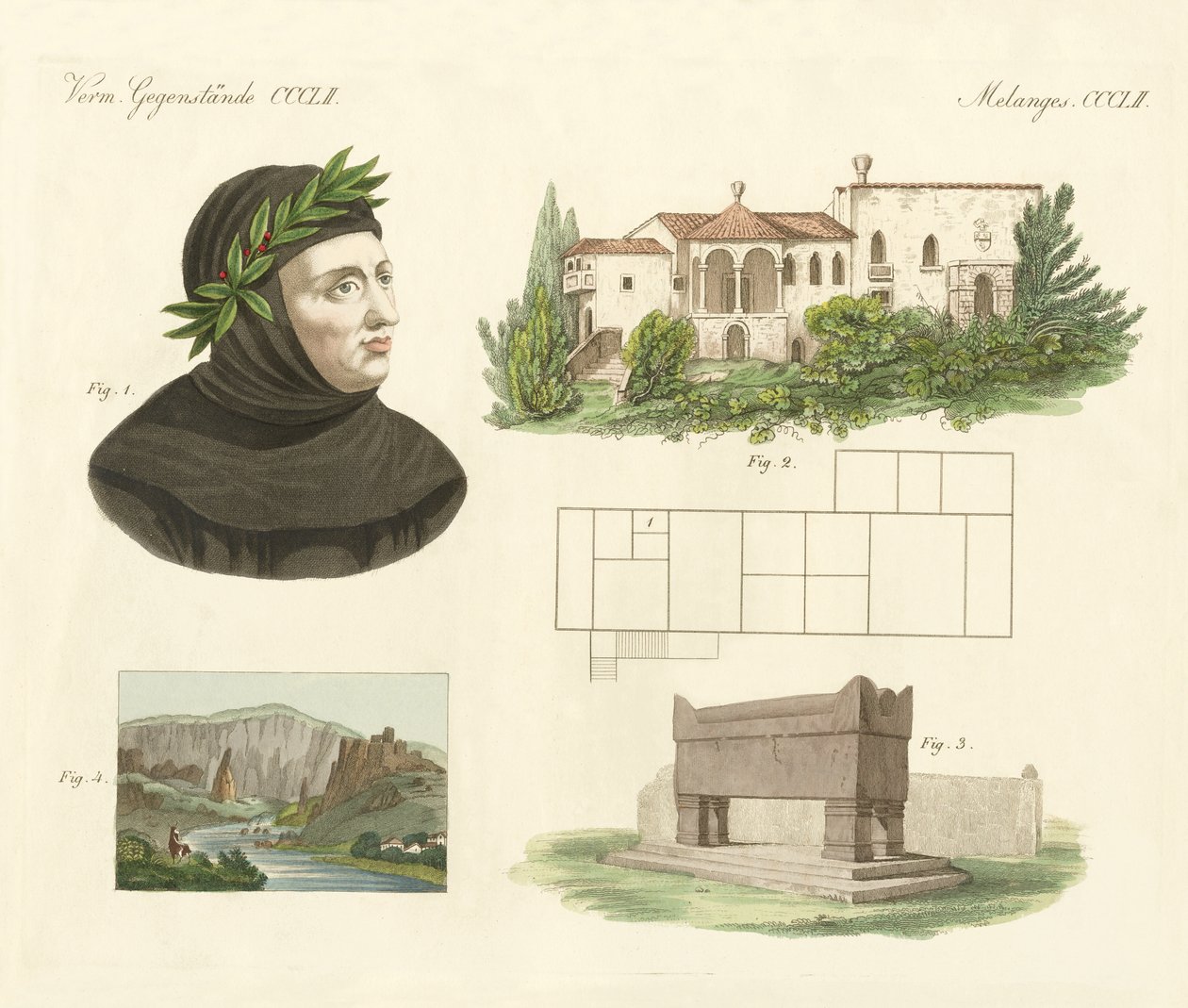 Petrarca, Jego mieszkanie w Arqua, Jego grób wraz z widokiem na Vaucluse (kolorowa grawerunek) autorstwa German School