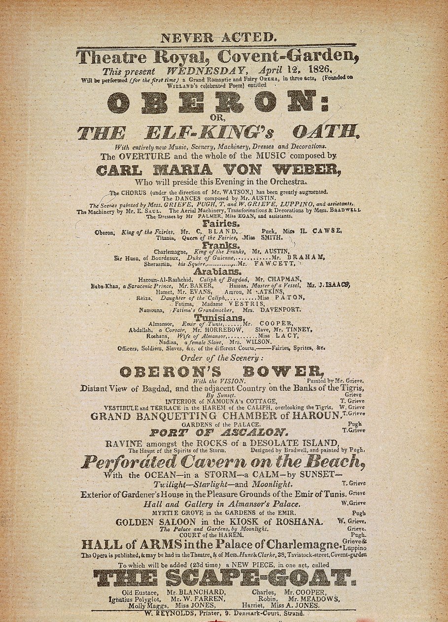 Afisz prawykonania „Oberona” Carla Marii von Webera w Convent Garden, Londyn, 12 kwietnia autorstwa German School