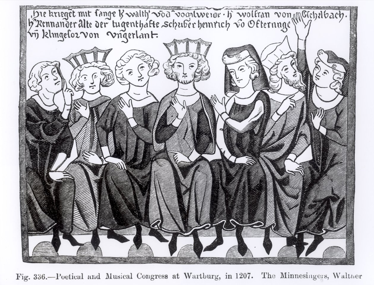 Kongres poetycko-muzyczny, Wartburg, 1207, ilustracja z Nauki i literatury w średniowieczu i renesansie, napisana i rytowana przez Paula Lacroix, 1878 autorstwa German School