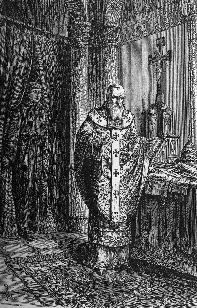 Papież Klemens IV (Gui Foucois lub Coots lub Foucault, koniec XII wieku-1268). Grawerowanie w „Kaiser, Konig und Papft” autorstwa Richarda Rotha autorstwa German School