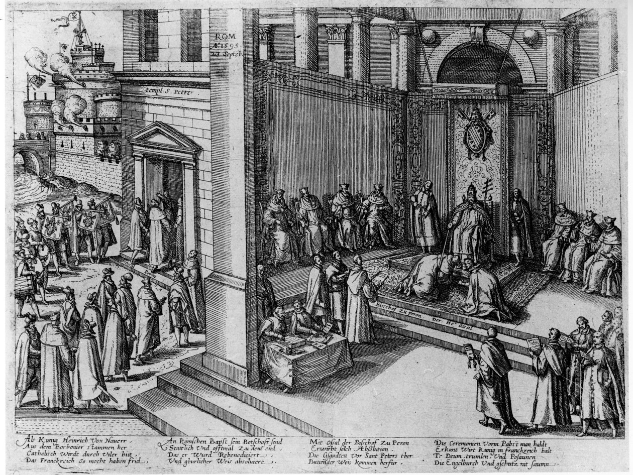 Papież Klemens VIII akceptuje poddanie się króla Francji Henryka IV w St. Peters w dniu 23 września 1595 autorstwa German School